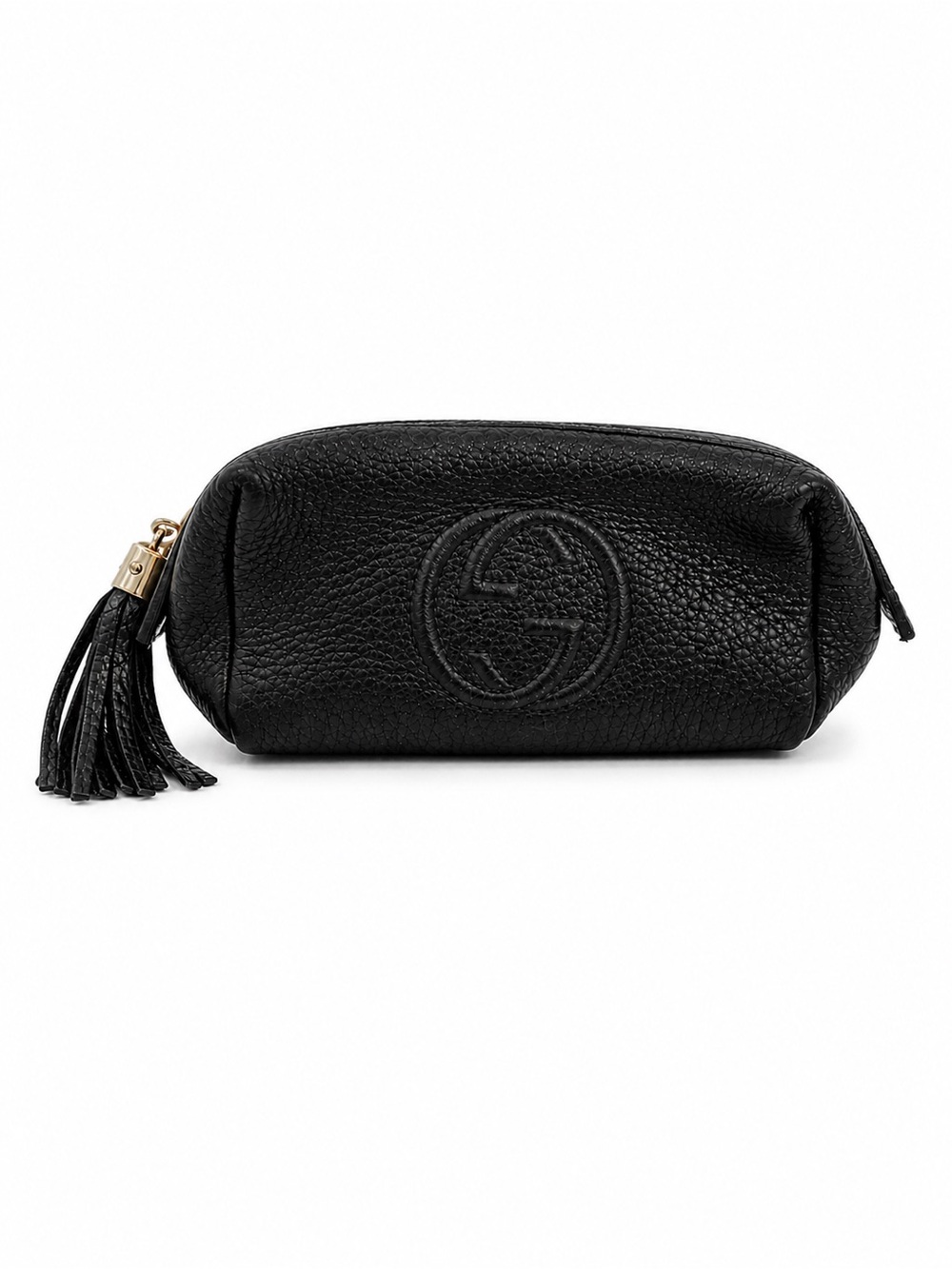 Gucci Soho Black Leather Mini Pouch Cosmetic Bag Tassel Logo Compact